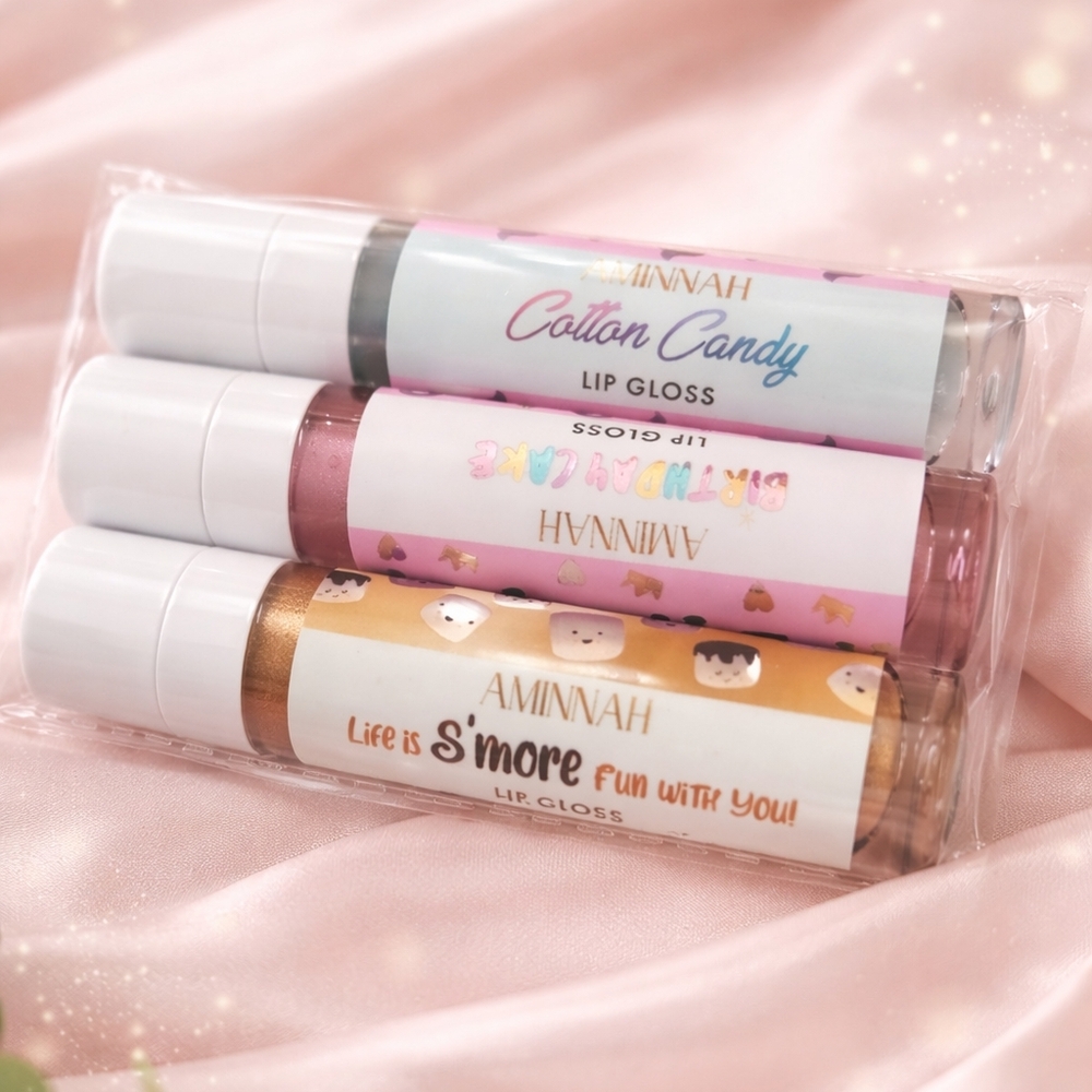 🍭 Aminnah Lip Gloss Bundle – Cotton Candy, Birthday Cake, S’more 🍫✨